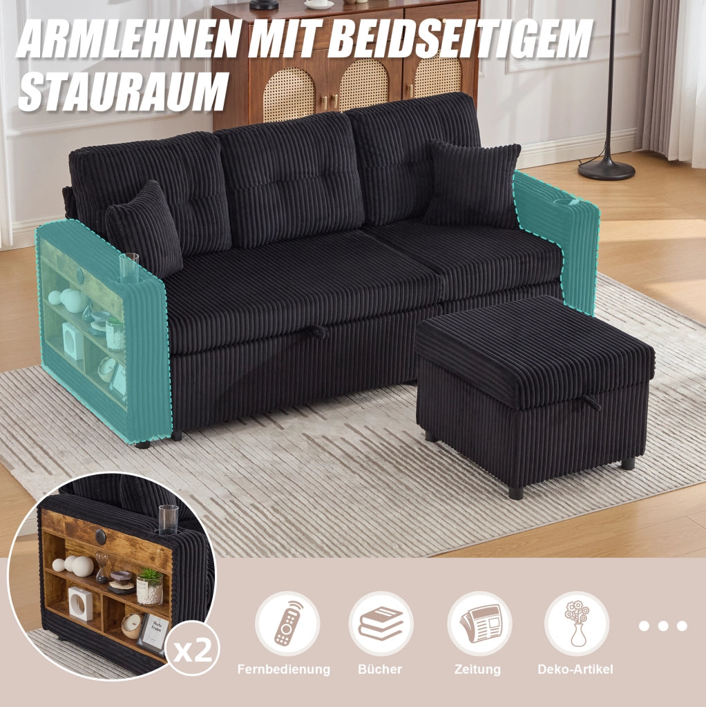 Divano letto con contenitore e USB-C 196x82-144x85 cm in corduroy nero con LED