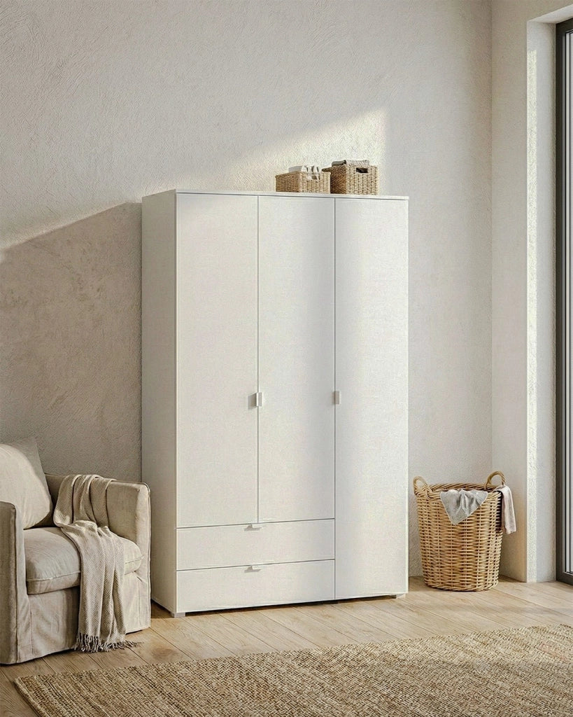Armadio Cycas - Guardaroba moderno - 3 ante e 2 cassetti - Struttura bianca - 2 ripiano incluso - 120 x 52 x 177 cm_
