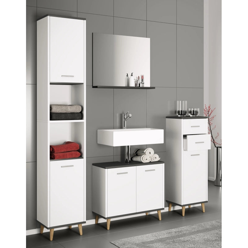 Essenza di Ezooza  Set Bagno Completo 4 Pezzi Mobile Lavabo + Colonna + Pensile e specchio, Bianco/Antracite ,
