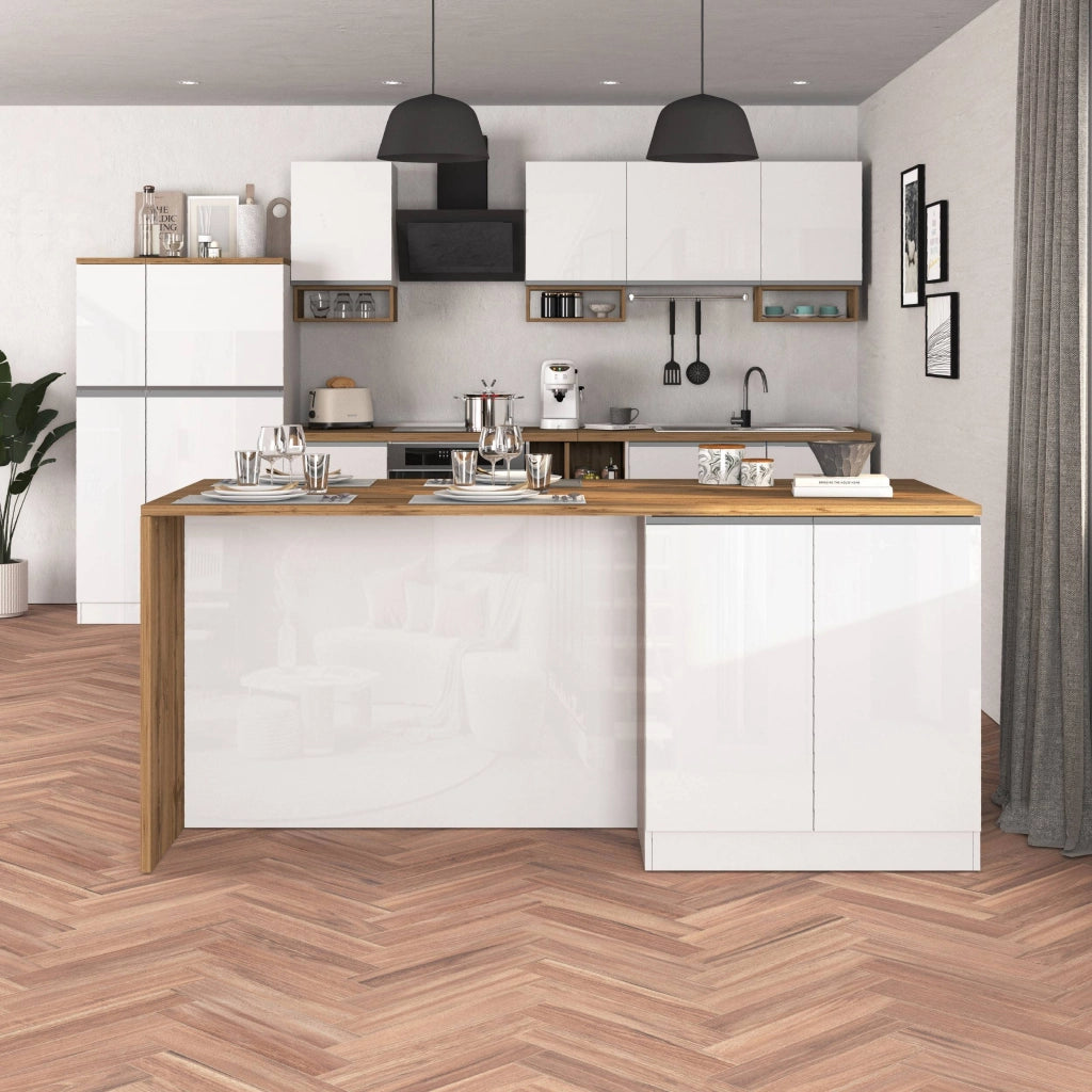 WHOUS Isola da cucina Sole a 4 ante bianco lucido e rovere 200x90x90 cm