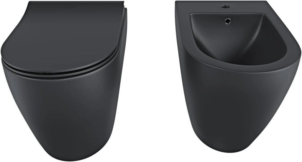 Coppia Sanitari Vaso WC Filomuro Filo Muro Rimless Tornado Flush Senza Brida Bidet Design Moderno Ceramica Copriwater Soft Close Nero Opaco