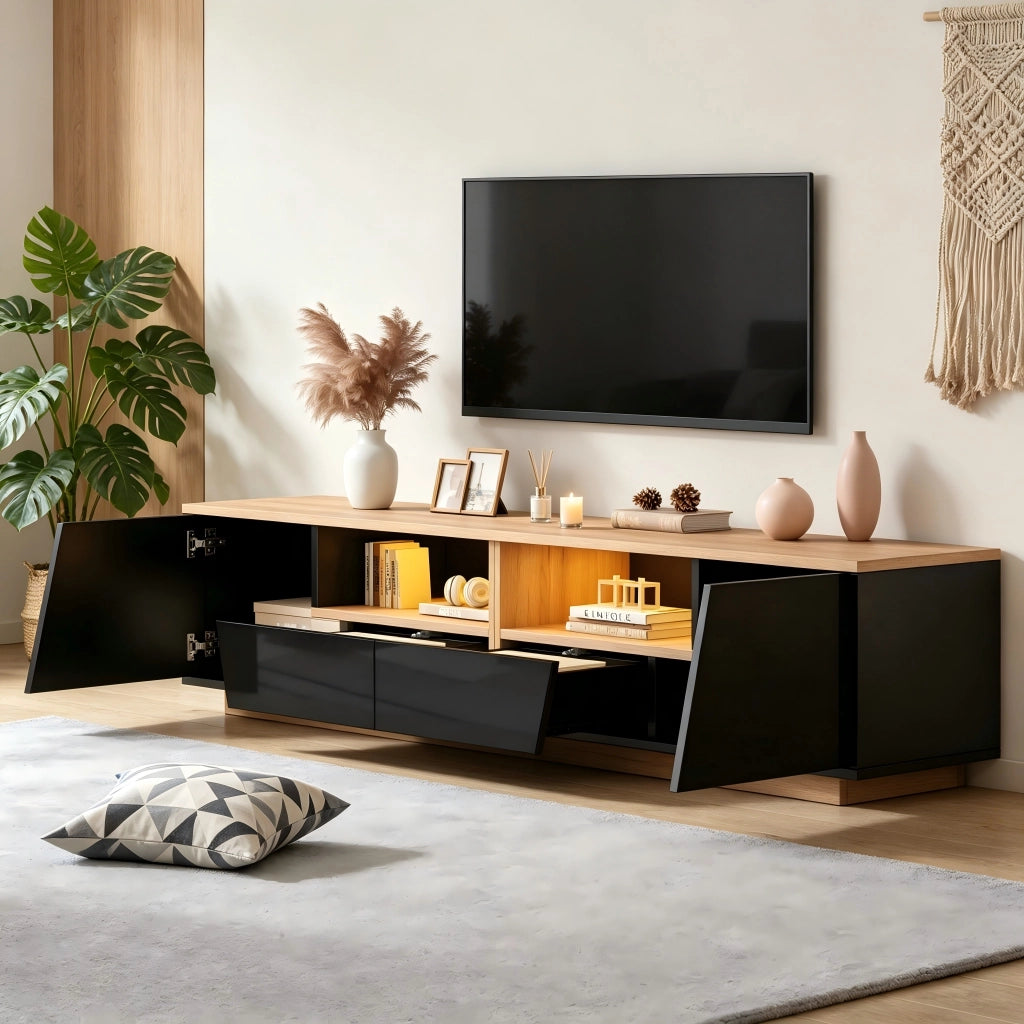 Cassettiera per TV nera e legno naturale in truciolato lunghezza 180 cm