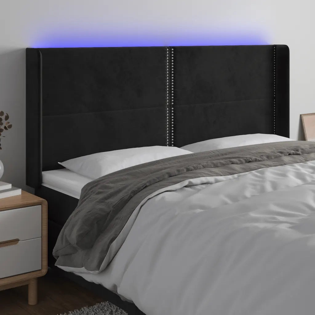 Testiera a LED Nera 163x16x118/128 cm in Velluto 3123964