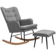 Poltrona a Dondolo con Poggiapiedi, Comfort fino a 130 kg, Effetto Lino, 64x89x90cm, Grigio Scuro