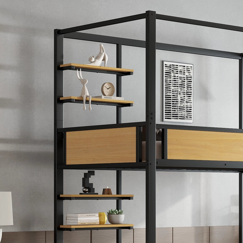Letto a Castello 90×200 cm; Letto Singolo con Ripiani Laterali; Cassetti e Vano Sottoletto; senza Materasso