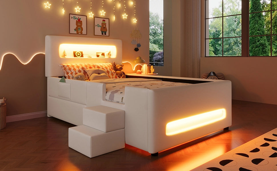 DESMIU Letto singolo 90 × 200 cm con cassetto, luce LED, senza materasso, in PU e MDF, bianco