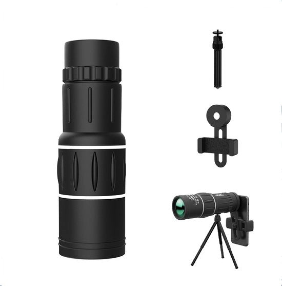 Telescopio Rifrangente - 16×52 - Telescopio da Campo - Lente per Smartphone - Con supporto per smartphone - Nero - Telescopio da campo per smartphone - Per osservazione degli uccelli, viaggi, caccia - Con supporto per tripode