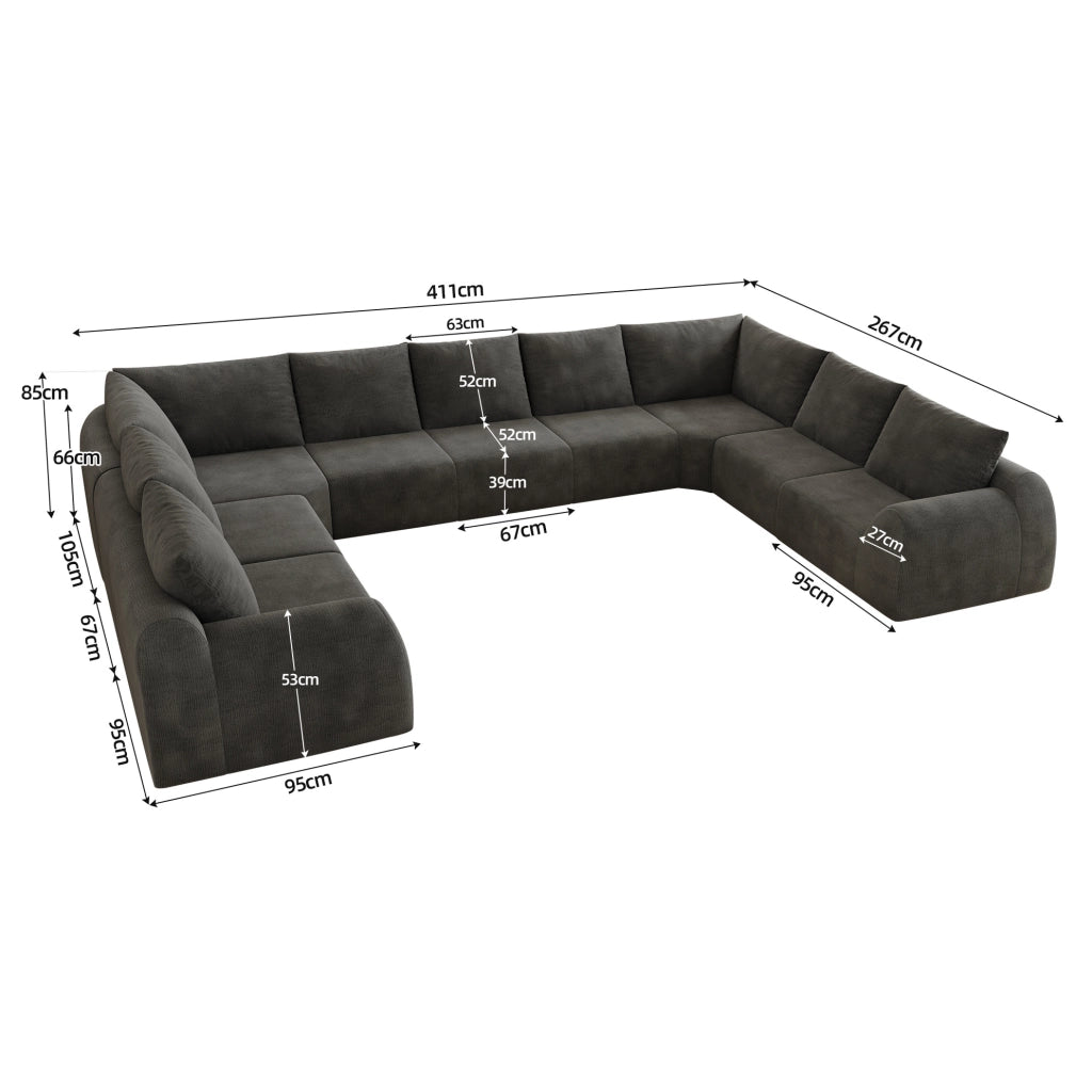 Divano a U 411x267x85 cm in tessuto chenille grigio scuro con imbottitura in foam