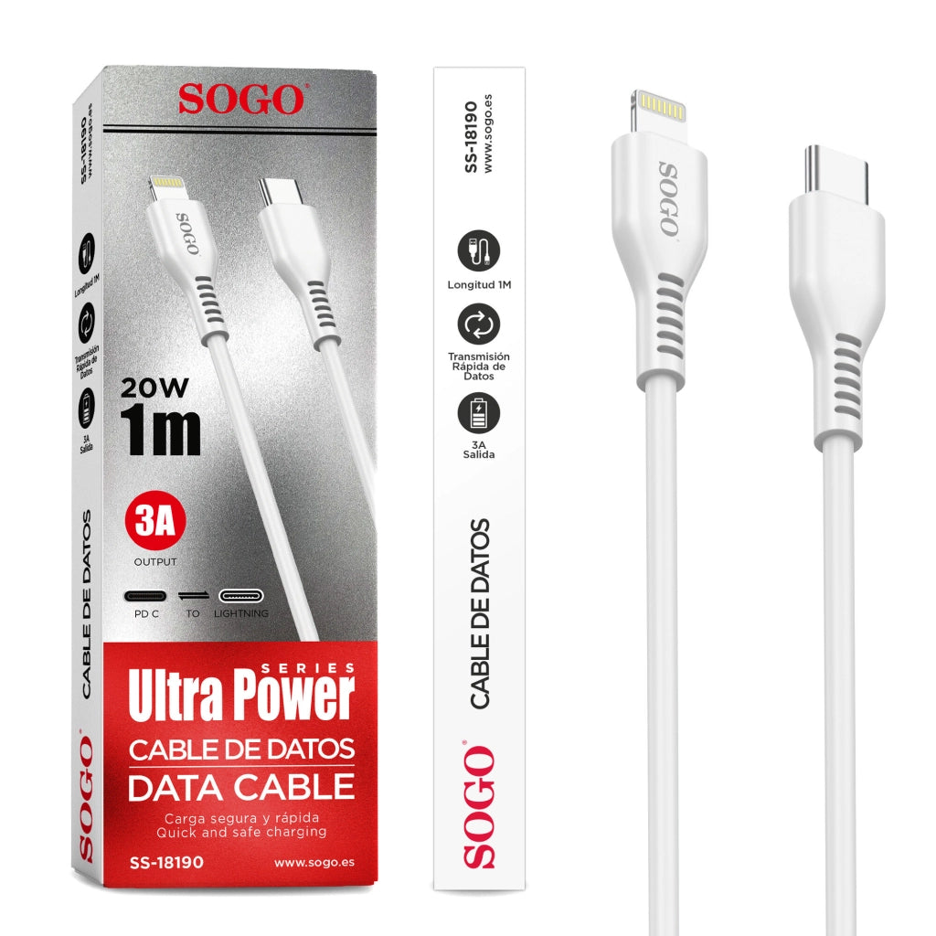 Cavo dati USB-C Lightning 1 metro, ricarica rapida 20W, corrente 3A, trasmissione dati veloce - SOGO