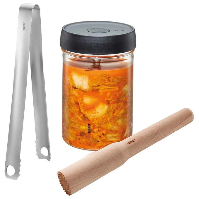 Gefu 4006664158008 NATIVO Set di Fermentazione 1 L con Sistema Ferment Vent Coperchio Peso Pestello Pinze Ricettario incluso colore Trasparente Marrone Acciaio inox