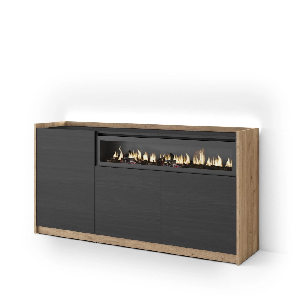 Credenza, Mobile, Cucina, 156x80x37 cm, 3 Porte, Camino elettrico, LED, Nero e rovere