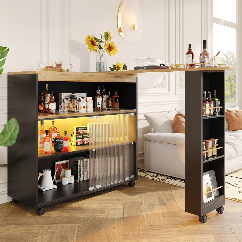 OKWISH Tavolo Alto da Pranzo con Piano Allungabile, 3 Vani, LED e Ruote, per Cucina, Nero, 138×39×105 cm