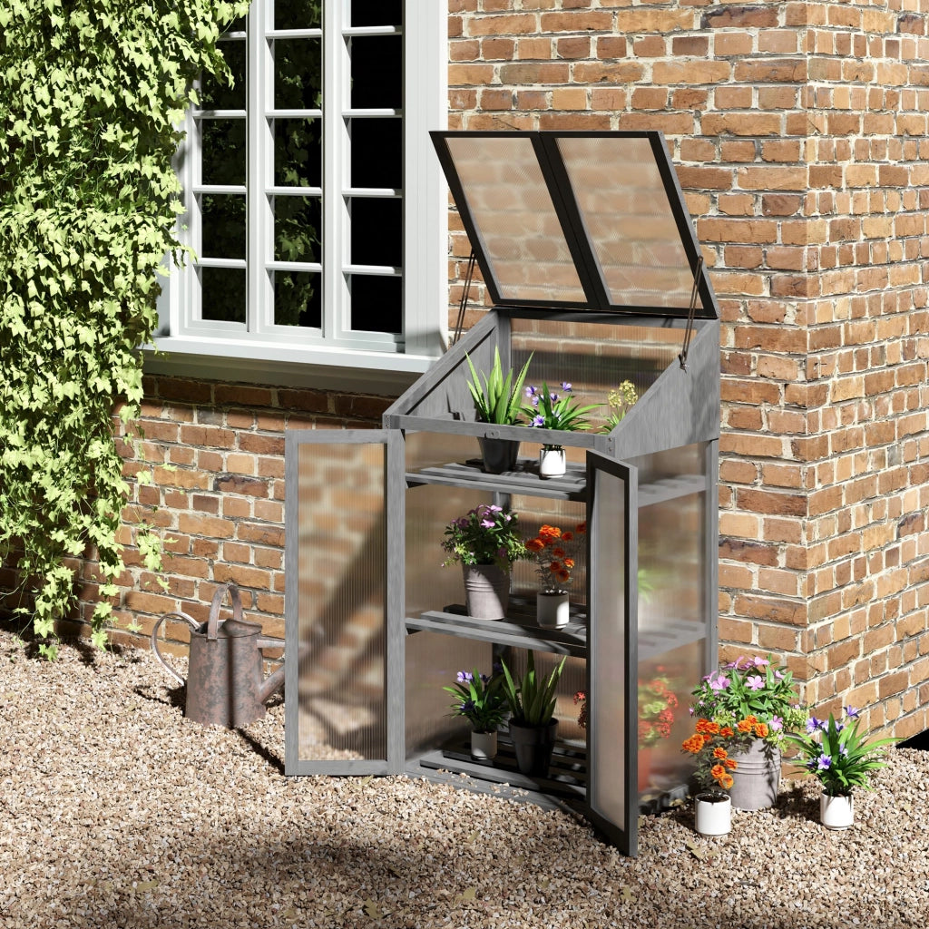 Mini serra da giardino grigia con 3 ripiani, 70 x 50 x 120 cm, struttura in legno di abete e pannelli in plastica