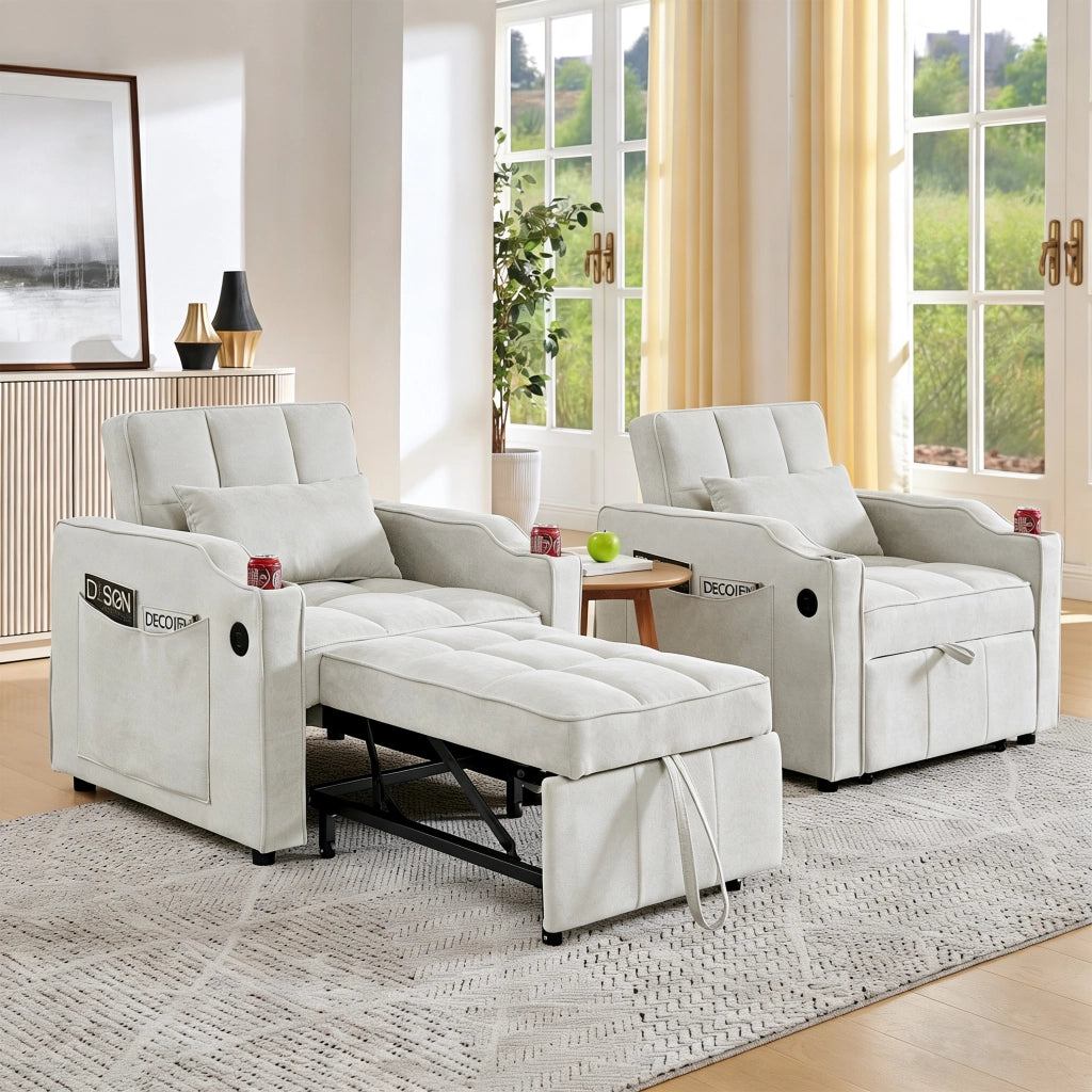 Poltrona letto convertibile con schienale regolabile a 3 posizioni e porte USB e USB-C in tessuto beige 190 × 85 × 86 cm