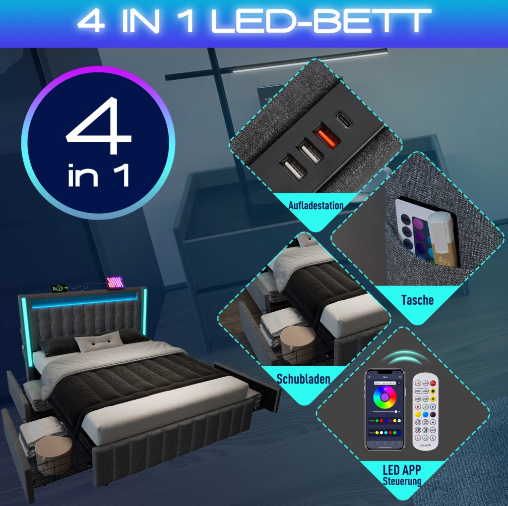 Letto imbottito matrimoniale 160x200 cm in tessuto effetto lino grigio con LED; USB e 4 cassetti
