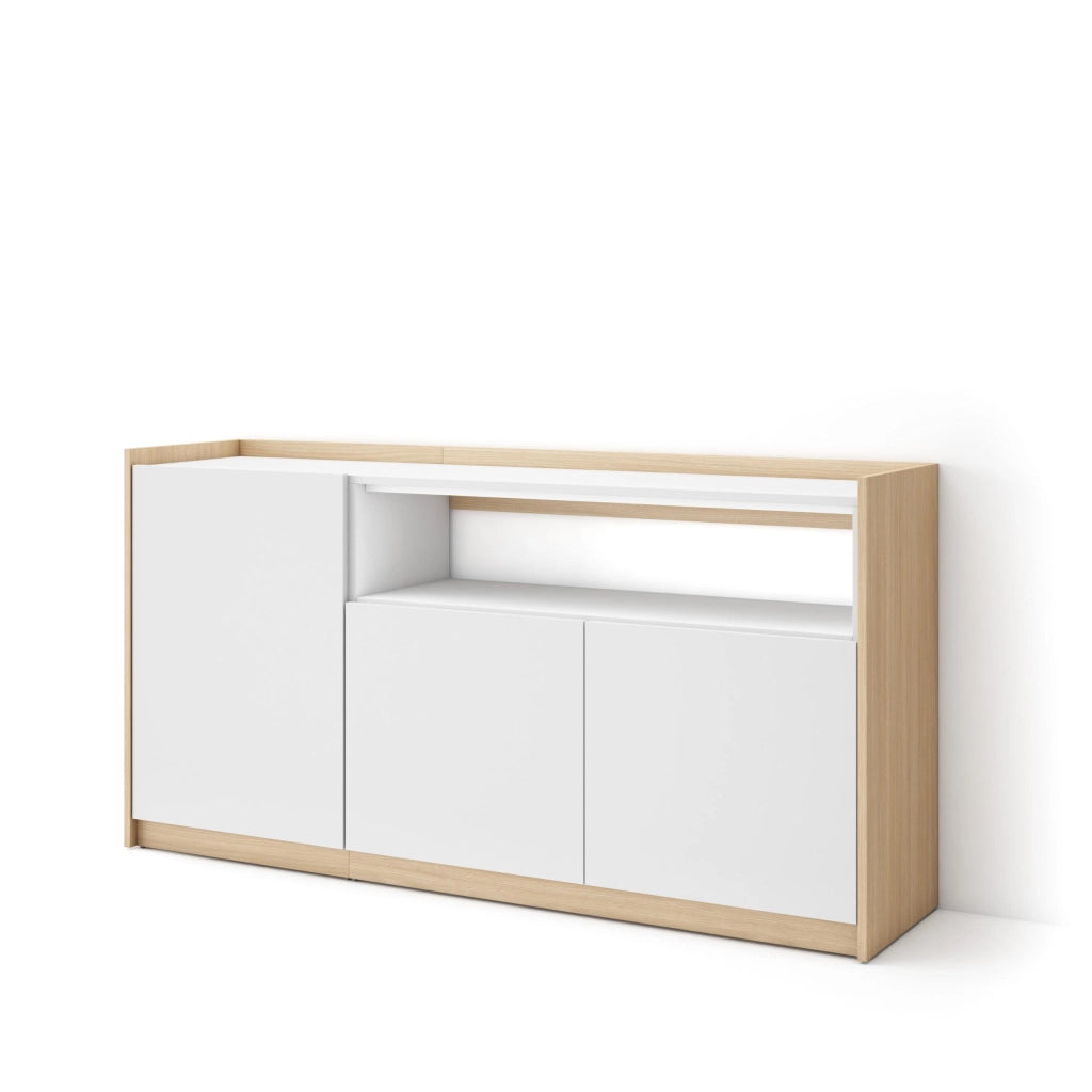 Credenza, Mobile, Cucina, 156x80x37 cm, 3 Porte, grande stoccaggio, Bianco e Rovere soft