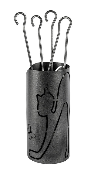Trespolo per Attrezzi Camino Cilindrico Sagoma Gatto con Paletta Scopino Attizzino e Pinza Ø15,2x62 cm in Ferro