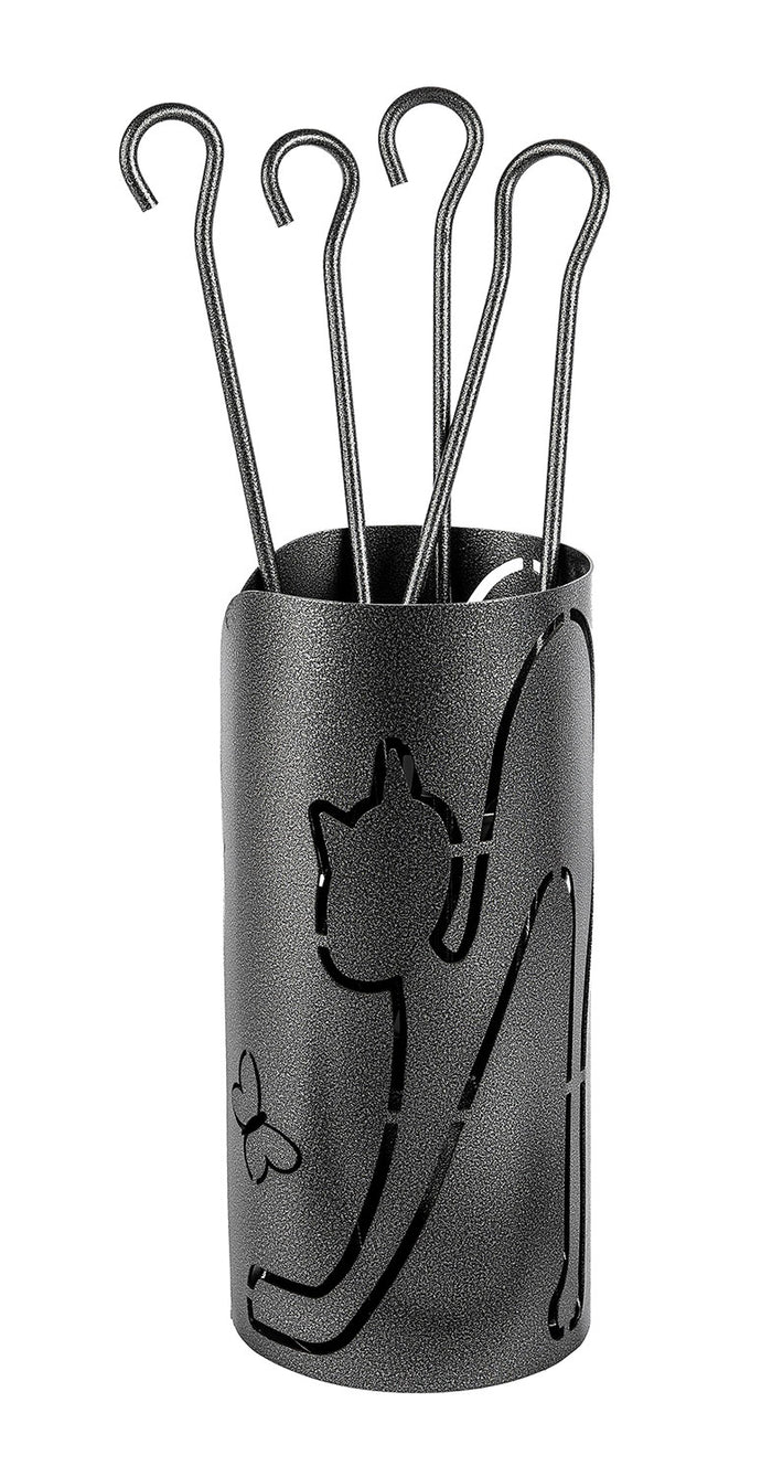 Trespolo per Attrezzi Camino Cilindrico Sagoma Gatto con Paletta Scopino Attizzino e Pinza Ø15,2x62 cm in Ferro