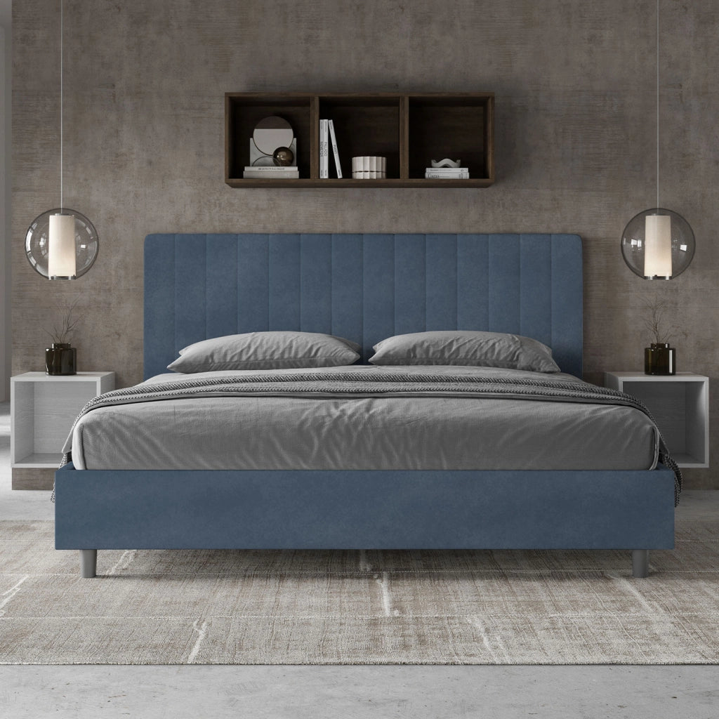 BS COM Letto matrimoniale king size con rete imbottito 190x210 microfibra blu