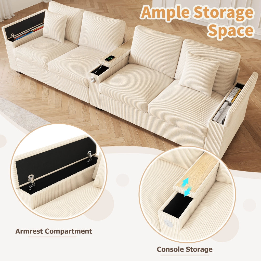 Divano 4 posti in velluto a coste con USB e USB-C bracciolo pieghevole vano contenitore beige 299 × 80 × 82,7 cm