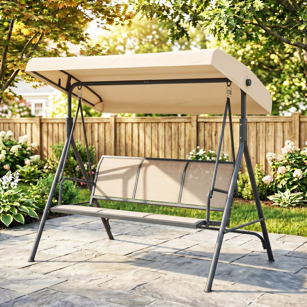 Dondolo da Giardino 3 Posti ¨C zephmum ¨C Beige, Acciaio, Tettuccio