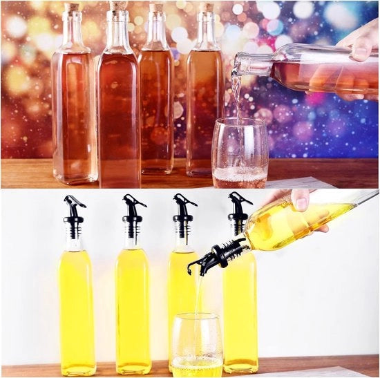 Dispensatore di olio, 500 ml, 4 lezioni di olio, vetro borosilicato, contenitore di olio, aceto e lezioni di olio, flessi riempibili, fiasca da vino, fiasca di olio con beccuccio, tappo, etichetta, penna, sifone.