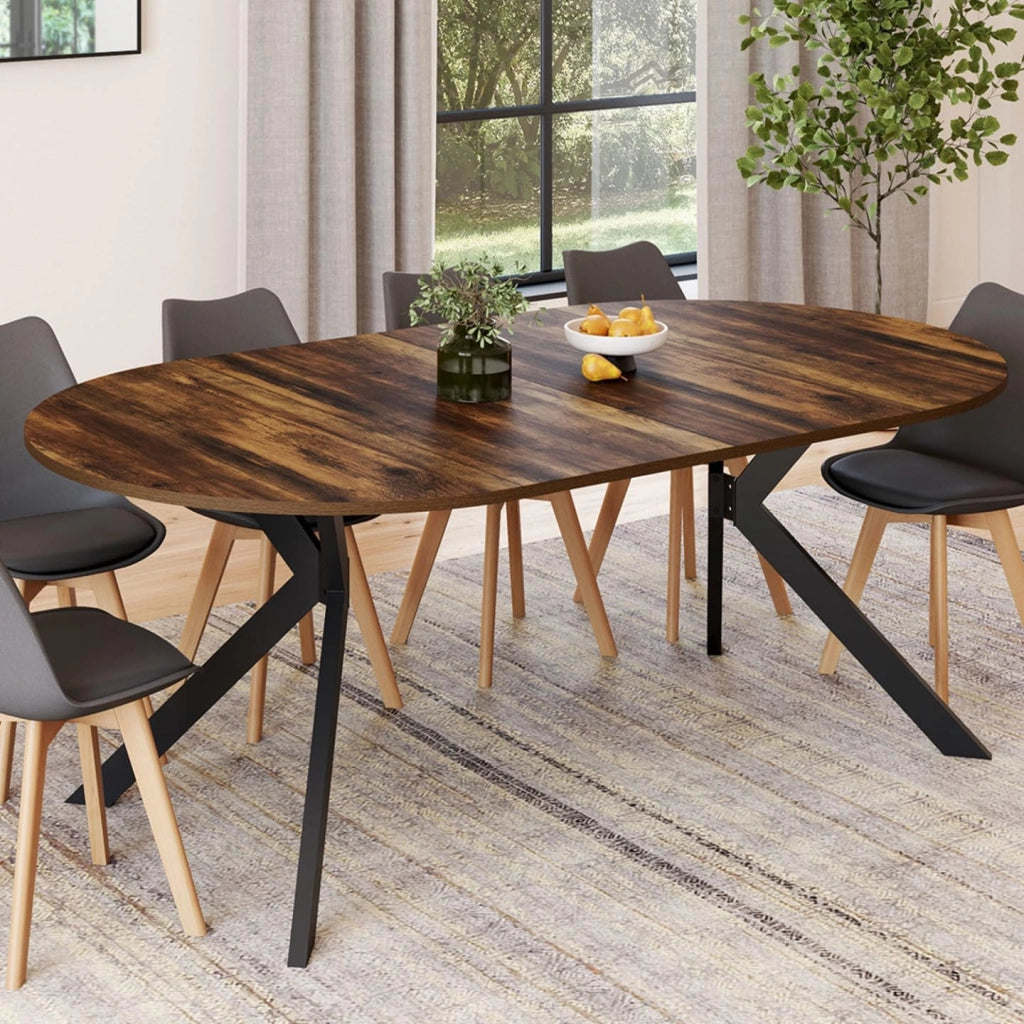 ALIX tavolo da pranzo rotondo allungabile 4-10 persone HAWKINS legno scuro e gamba a ragno nera 110-200 cm