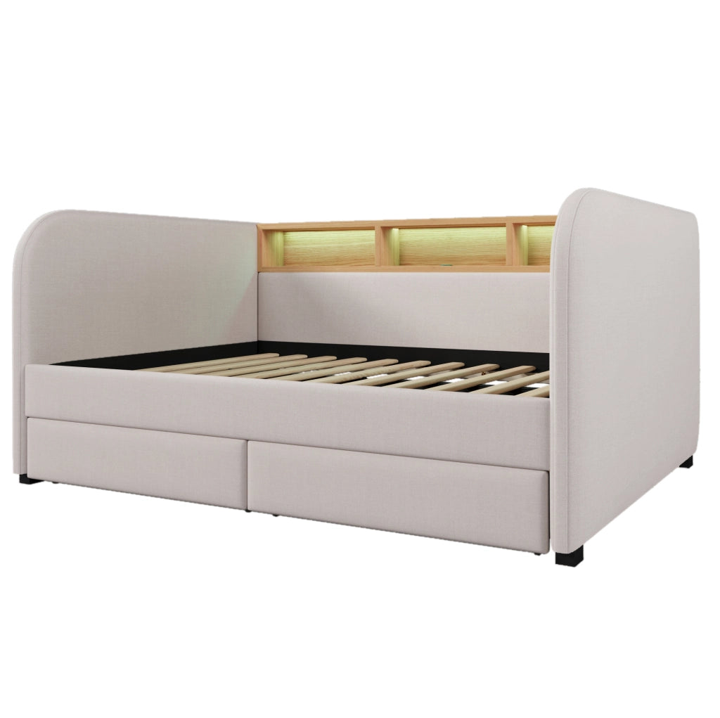 Letto imbottito 140x190 cm con LED; USB C e 2 cassetti; lino beige