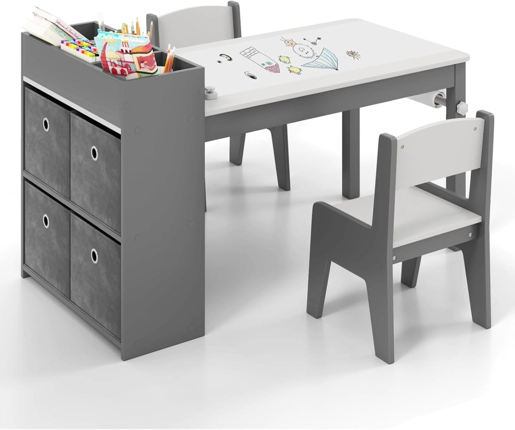 3 in 1 Set Tavola d’Arte e 2 Sedie per Bambini, Tavolo in Legno con Rotolo di Carta per Disegnare, Mobile Montessori per Cameretta con Ripiani e 4 Cassetti in Tessuto Salvaspazio (Bianco)