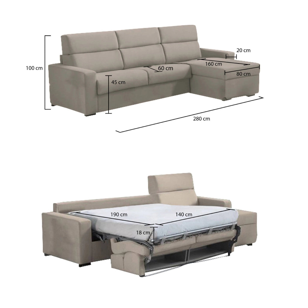 Celleno, Divano Letto con Penisola Sfoderabile Made in Italy, 280x160 cm Grigio Tortora