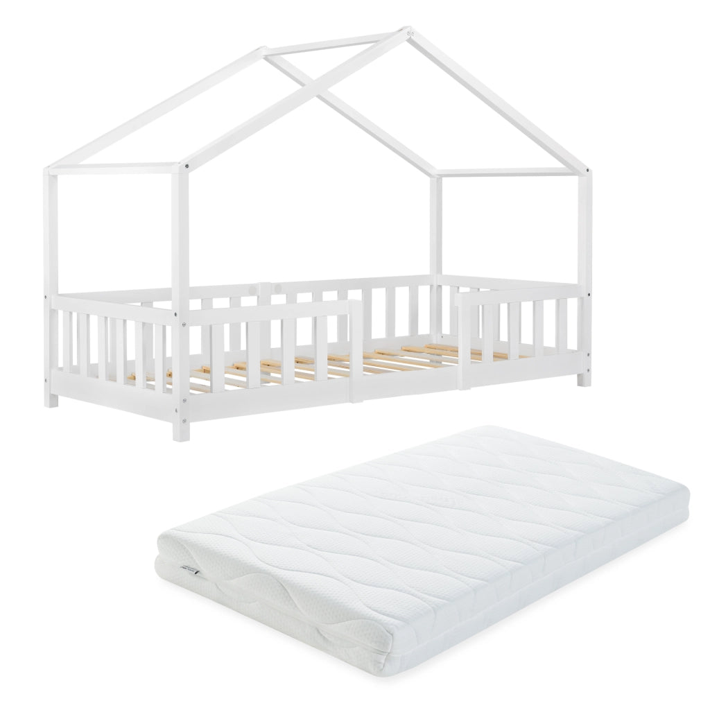 Letto per Cameretta Treviolo a Forma di Casetta in Stile Montessori con Materasso 80x160 cm - Bianco [en.casa]