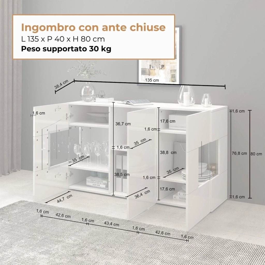 WHOUS Credenza Egypt a 3 ante con inserti in vetro espositivi bianco lucido 135x40x80 cm