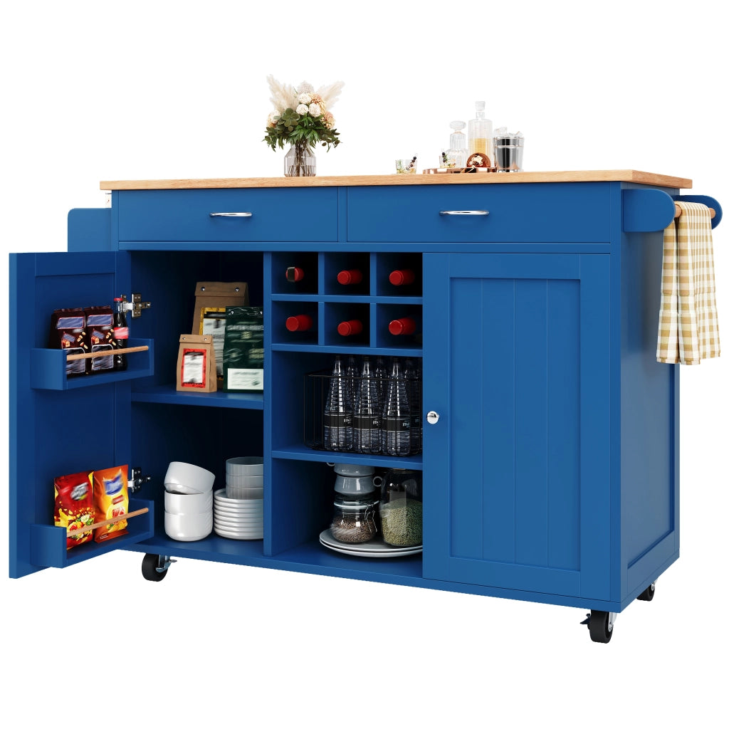 Carrello da cucina con divisori regolabili; portabottiglie removibile e ruote; in MDF e metallo; blu; 102 × 45 × 92 cm