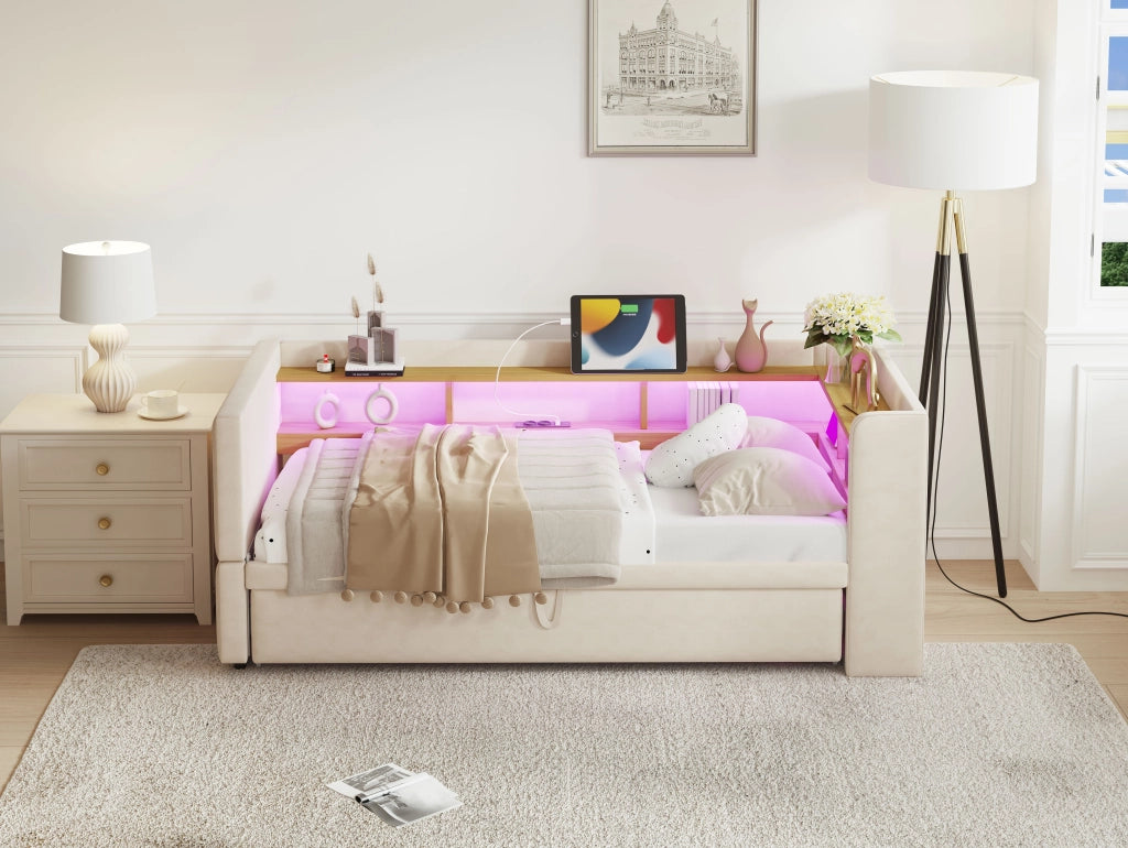 DESMIU Divano letto 90/180 × 190 cm 1 posto con LED, prese e vani portaoggetti, senza materasso, beige