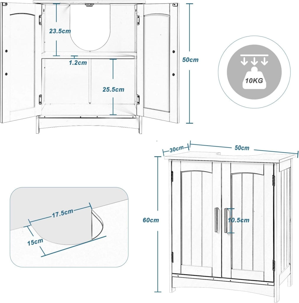 Mobile Sottolavabo per Bagno con 2 Ante, Mobile da Bagno Autoportante con Ripiano Regolabile e 2 Scomparti, in MDF, Bianco, 50x30x60 cm
