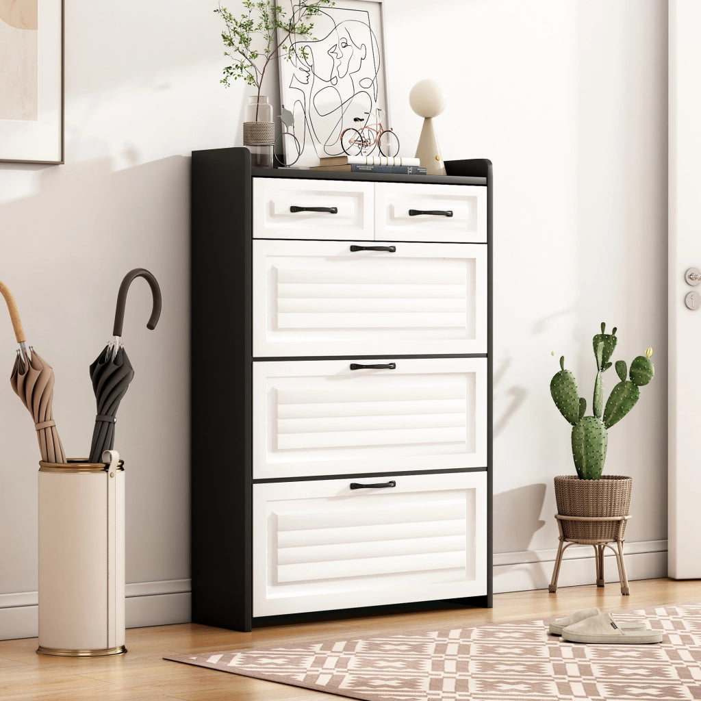Mobile Scarpiera con 3 Ribaltine Girevoli e 2 Cassetti; Stile Moderno; in Pannelli di Truciolare; 80×23;5×131 cm; Bianco Nero