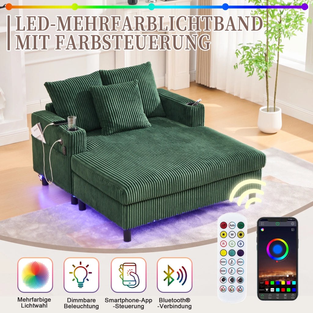 OKWISH Chaise Longue con USB, LED e Portabicchieri, Schienale Ergonomico, Velluto a Coste Smeraldo, 142 × 128 × 85 cm