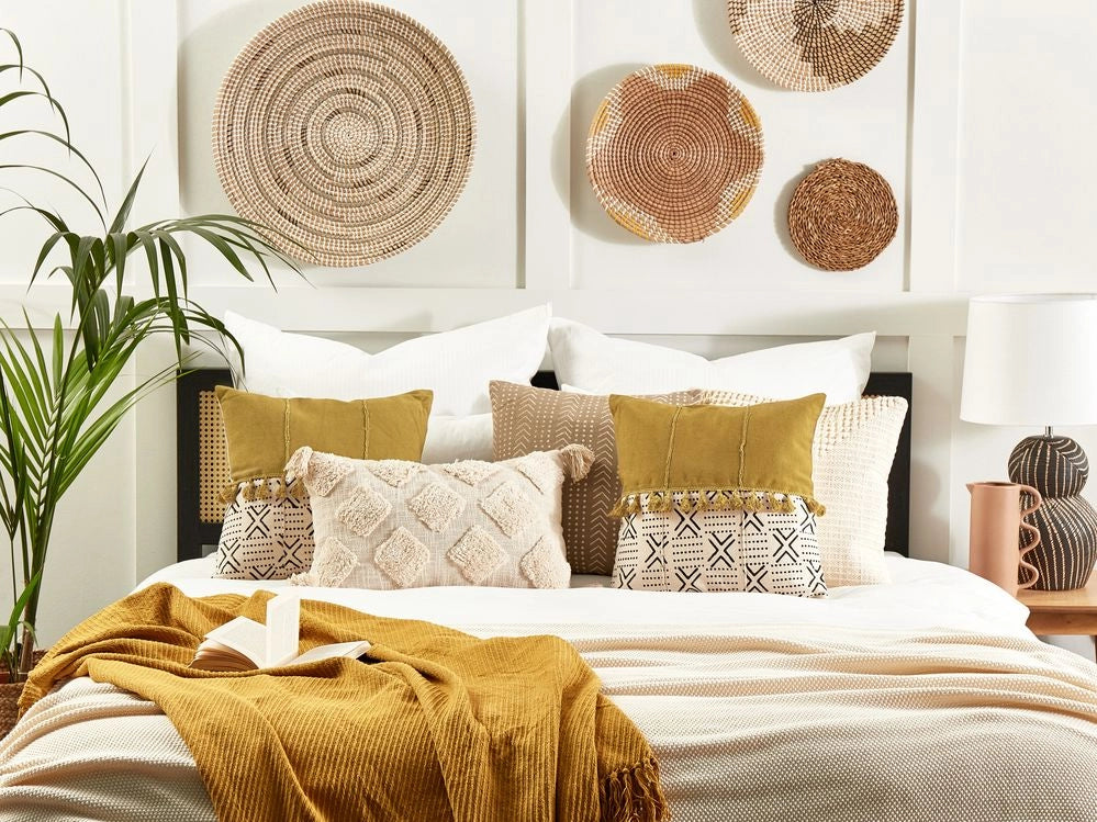 Set di 2 cuscini decorativi cotone bianco e giallo 45 x 45 cm motivo geometrico stampa blocchi stile boho accessori