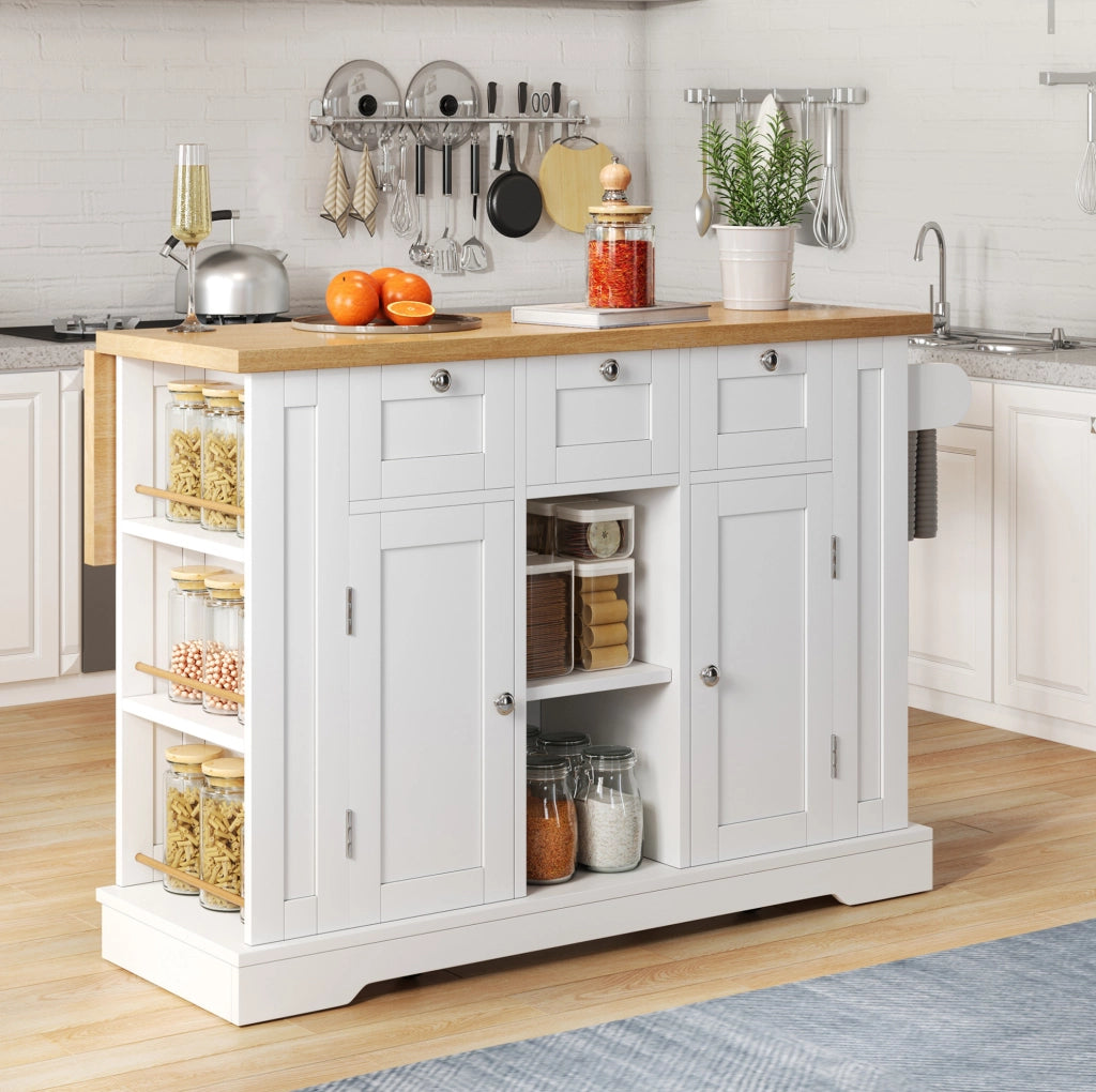Isola cucina mobile con piano pieghevole e presa USB, 132 cm