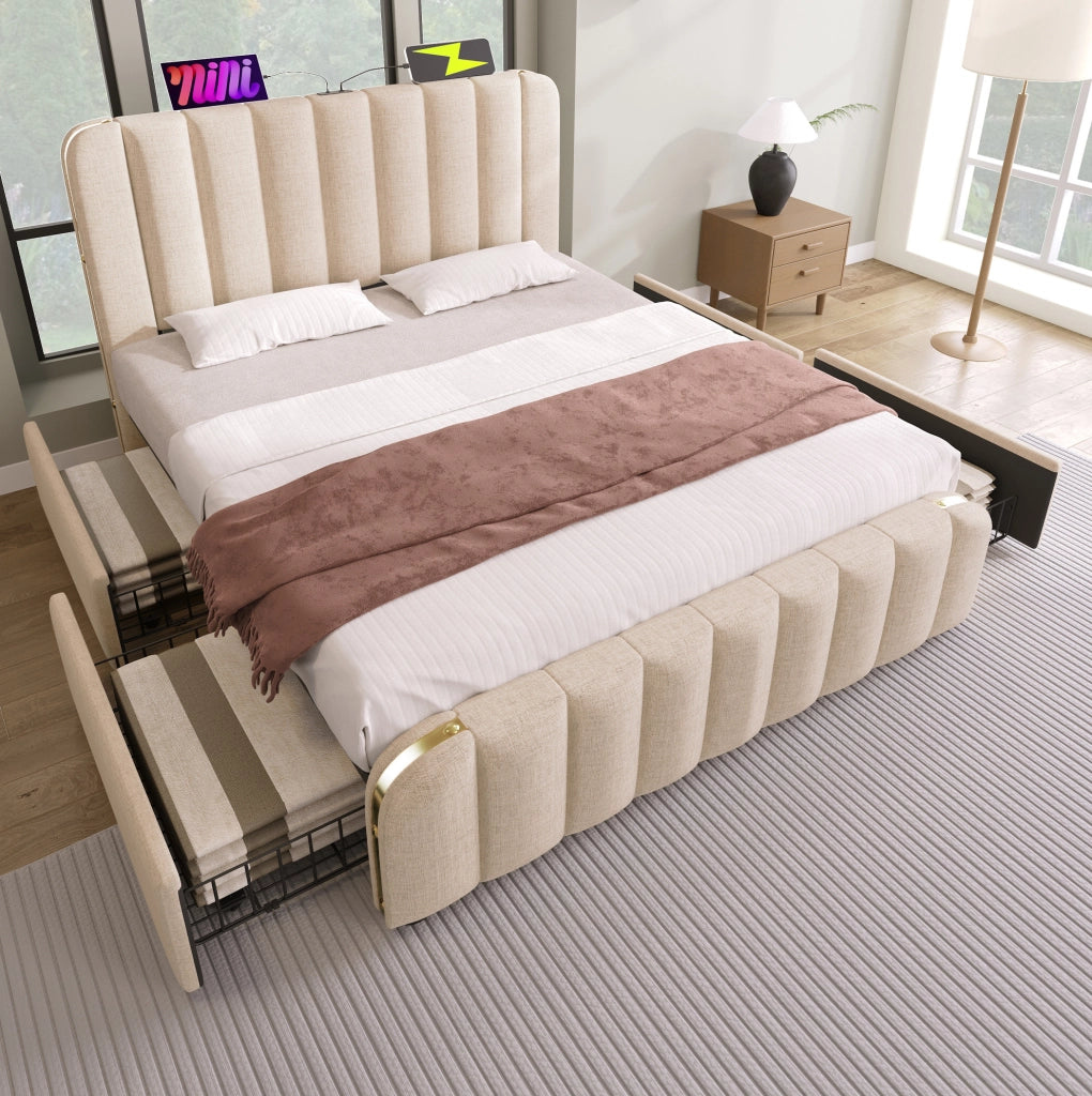 Letto matrimoniale imbottito 140x190 cm in lino beige con 4 cassetti; porte USB e Type-C