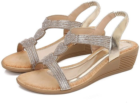 Sandali femminili con suola a scorrimento - Sandali estivi - Luminosi - Comodi - Piattaforma bohemienne - Coda elastica con decorazione di strass