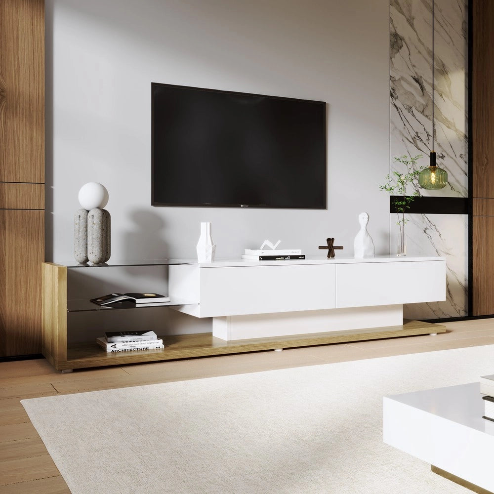 Mobile TV con LED ¨C Xylo ¨C Bianco Lucido e Legno con Ante in Vetro