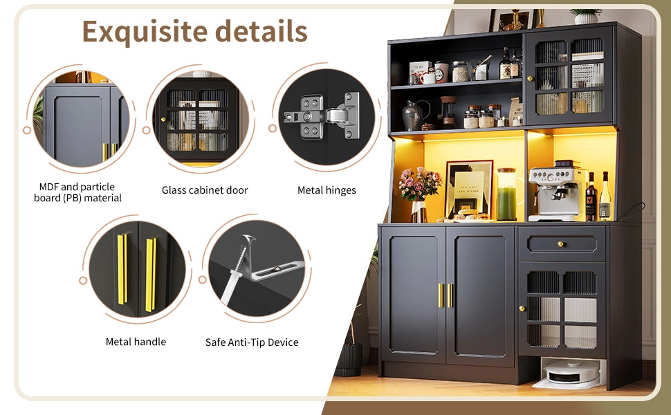 Mobile Cucina Alto con Ante in Vetro e LED ¨C MINIMAL ¨C Nero 130x45x180 cm