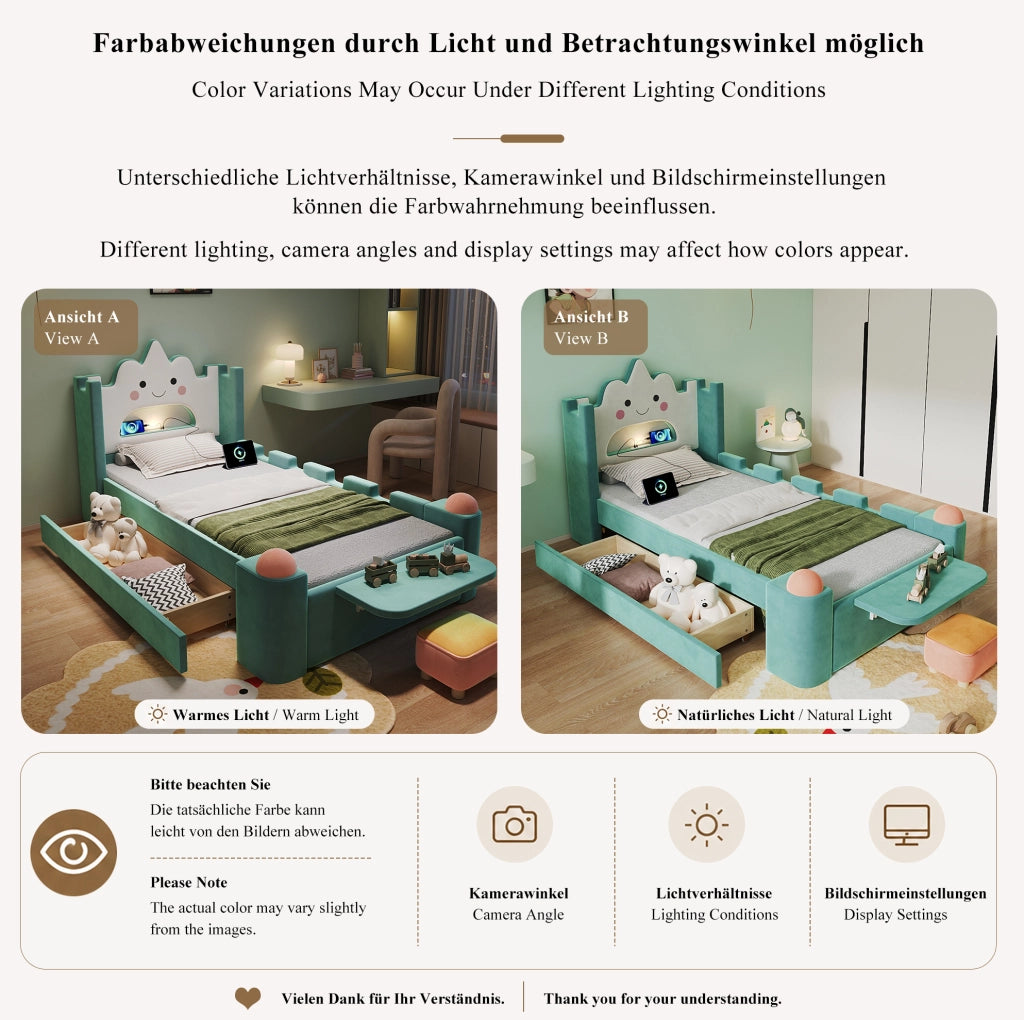 Letto imbottito per bambini 90x200 cm con LED, USB e cassetto