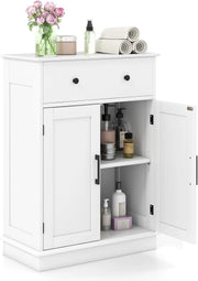 Armadietto da Terra 56 x 30 x 80 cm, Mobile da Bagno con Ante, Cassetto e Ripiano Regolabile, Mobiletto Salvaspazio per Soggiorno, Cucina e Sala da Pranzo (Bianco)
