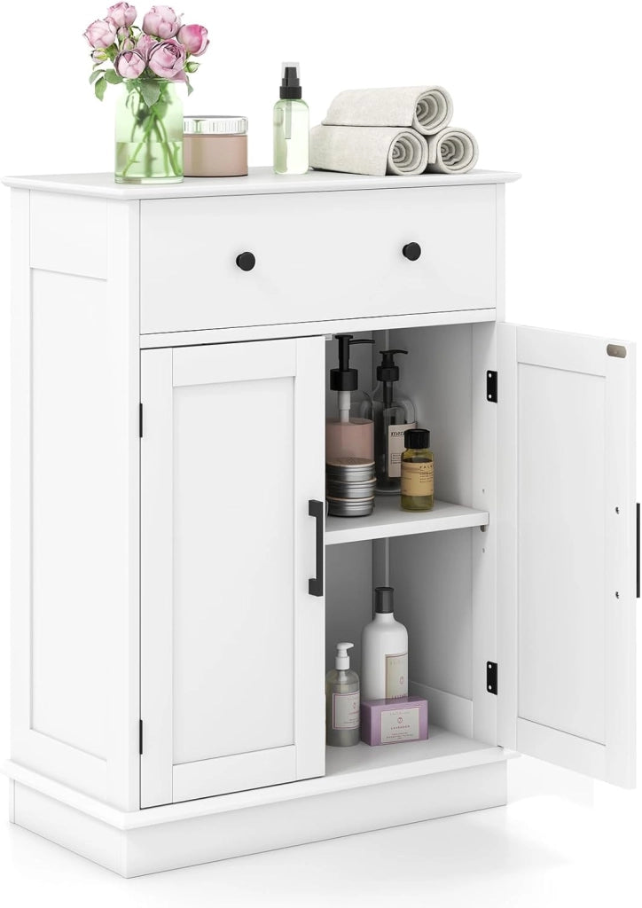 Armadietto da Terra 56 x 30 x 80 cm, Mobile da Bagno con Ante, Cassetto e Ripiano Regolabile, Mobiletto Salvaspazio per Soggiorno, Cucina e Sala da Pranzo (Bianco)