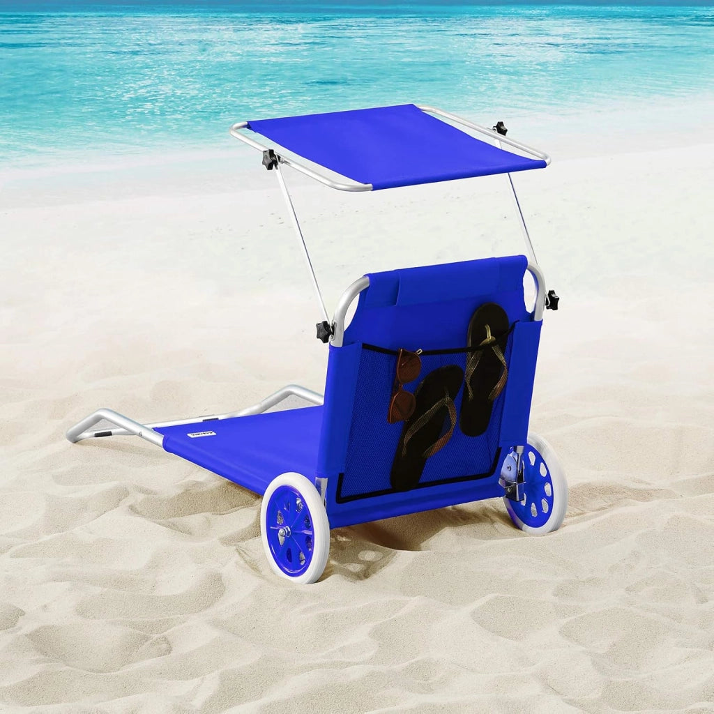 ® Lettino da Spiaggia Kreta Pieghevole Trasportabile 2 Ruote con Cuscino Tettuccio Parasole Sdraio Prendisole