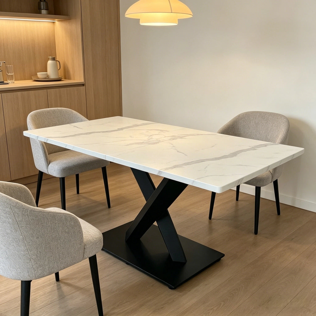 Tavolo da pranzo - rettangolare moderno - base nera a X - MDF bianco marmo - per 6-8 persone