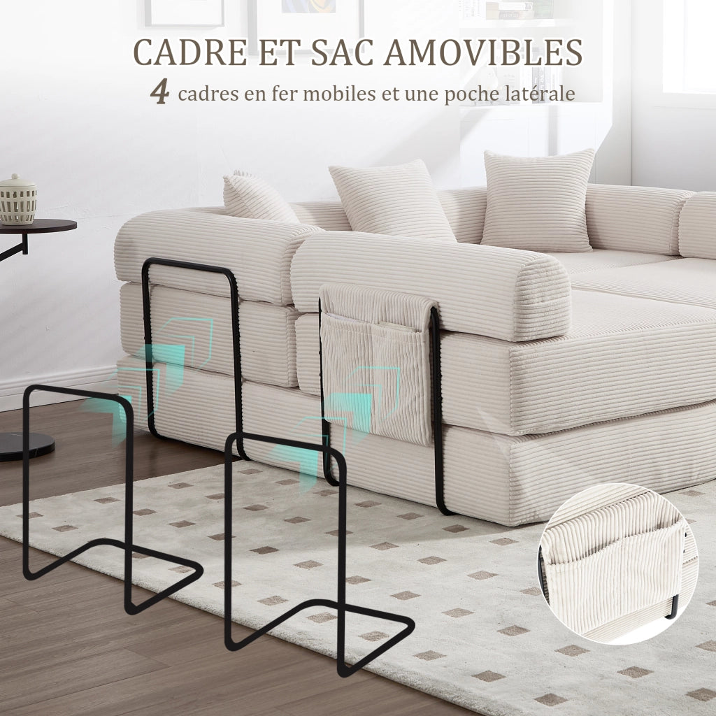 Divano modulare in velluto a coste con tasca laterale e funzione letto per soggiorno beige