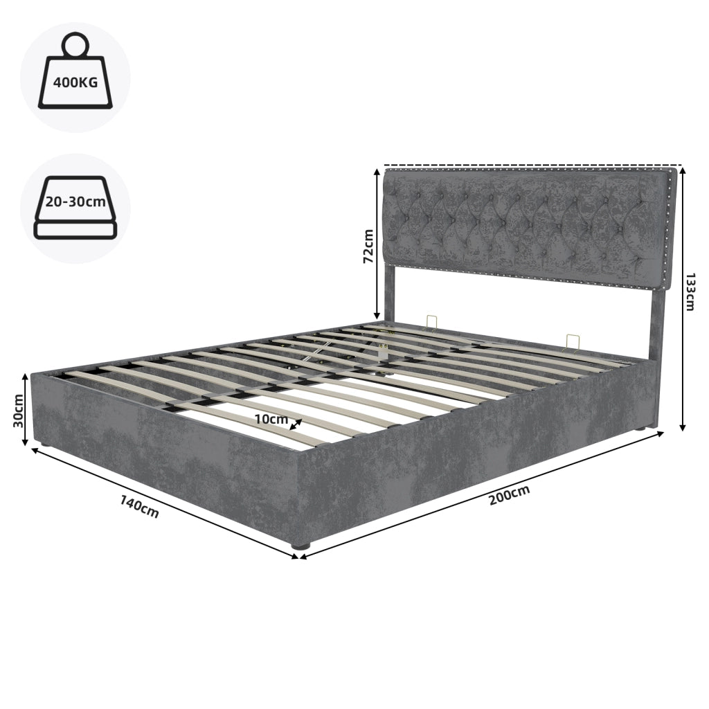 Letto Matrimoniale 140x200 cm; con spazio sotto il letto; in Tessuto e Metallo; Grigio